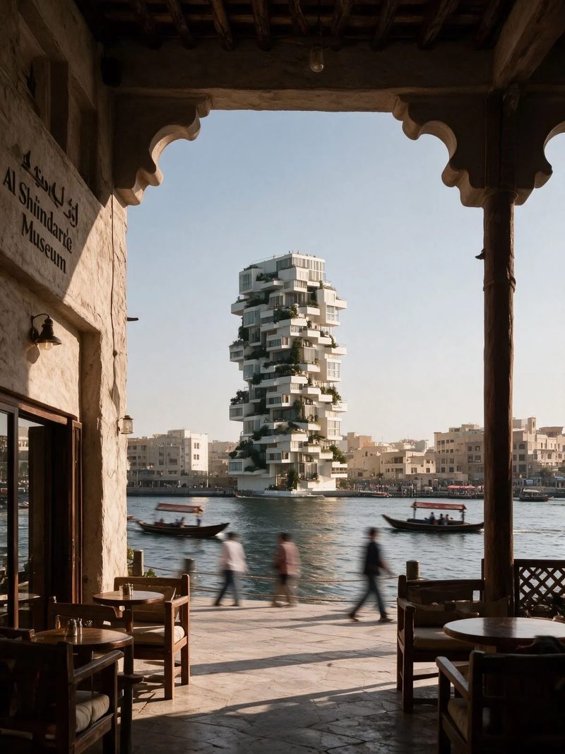 M10 · Árdh, concept image — a tower of stacked white boxes and planting seen across the creek from a shaded arcade with café chairs