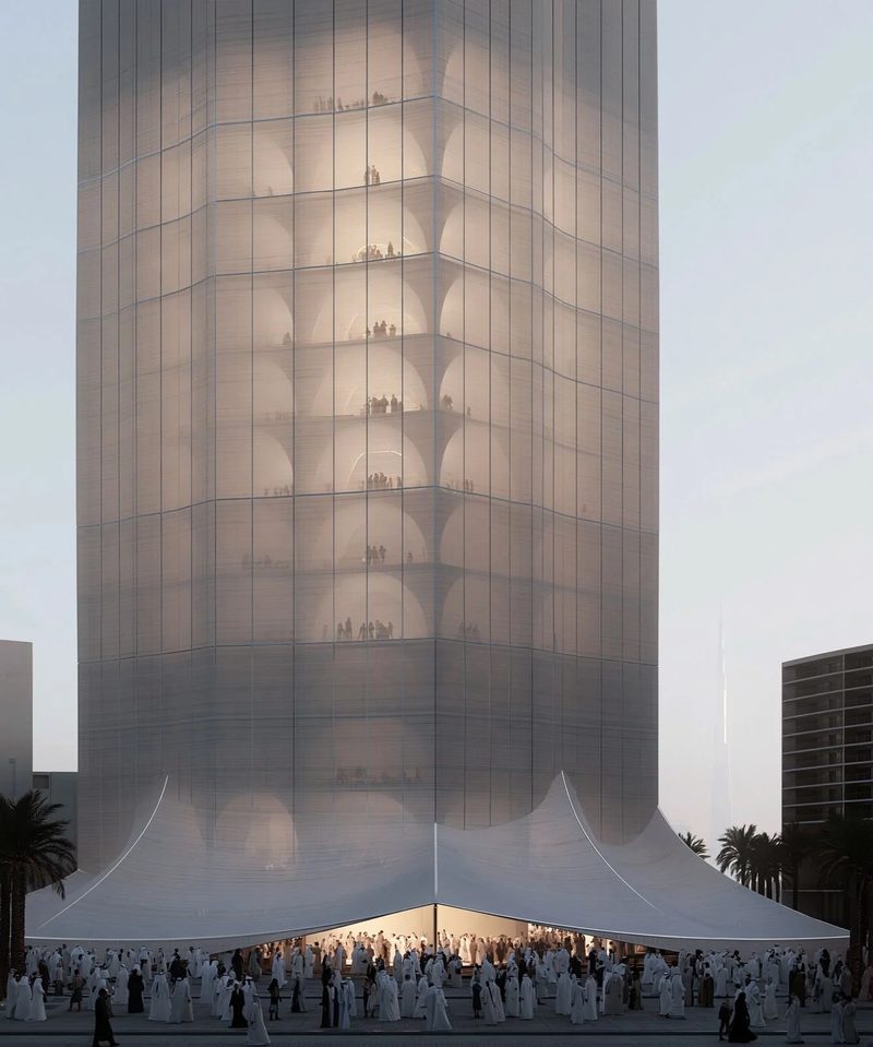 M12 · Árdh, concept image — a tall translucent tower rising from a white tented canopy, a crowd gathered at its base