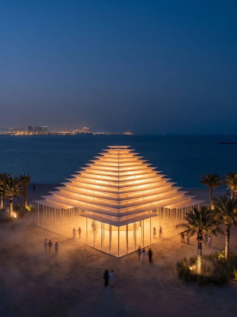 M13 · Árdh, concept image — a stepped pyramid of glowing timber slats on a beach at dusk, people gathered underneath