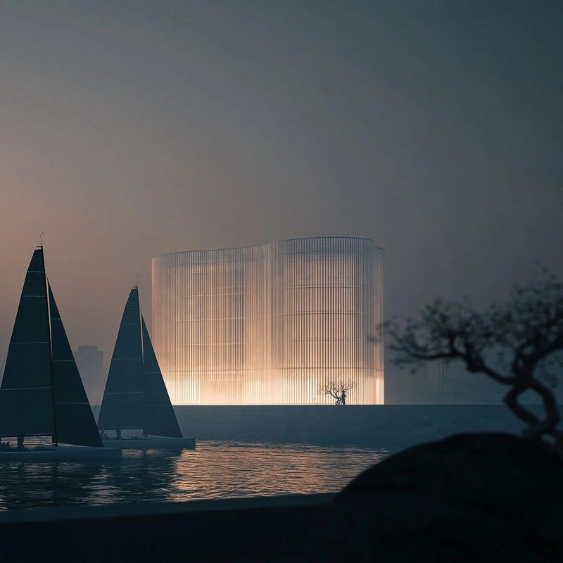 M17 · Árdh, concept image — a lit pavilion of pale translucent fins at the water’s edge at dusk, two dark sails passing in front of it