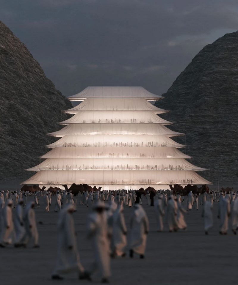 M7 · Árdh, concept image — a tiered white pavilion glowing at dusk between dark mountains, a crowd in white kanduras in front
