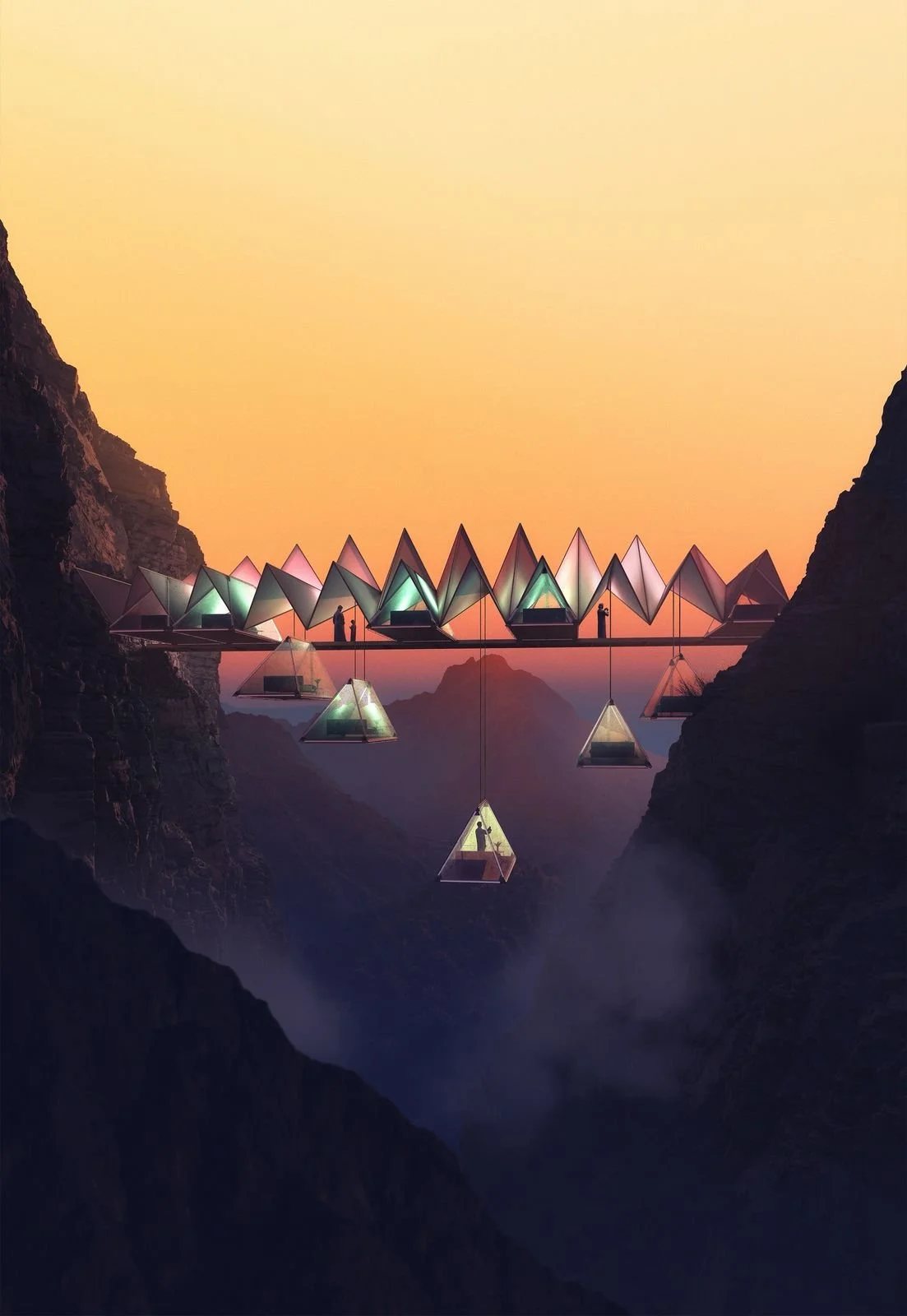 The Floating Retreat: rooms hanging from the cliff at sunset