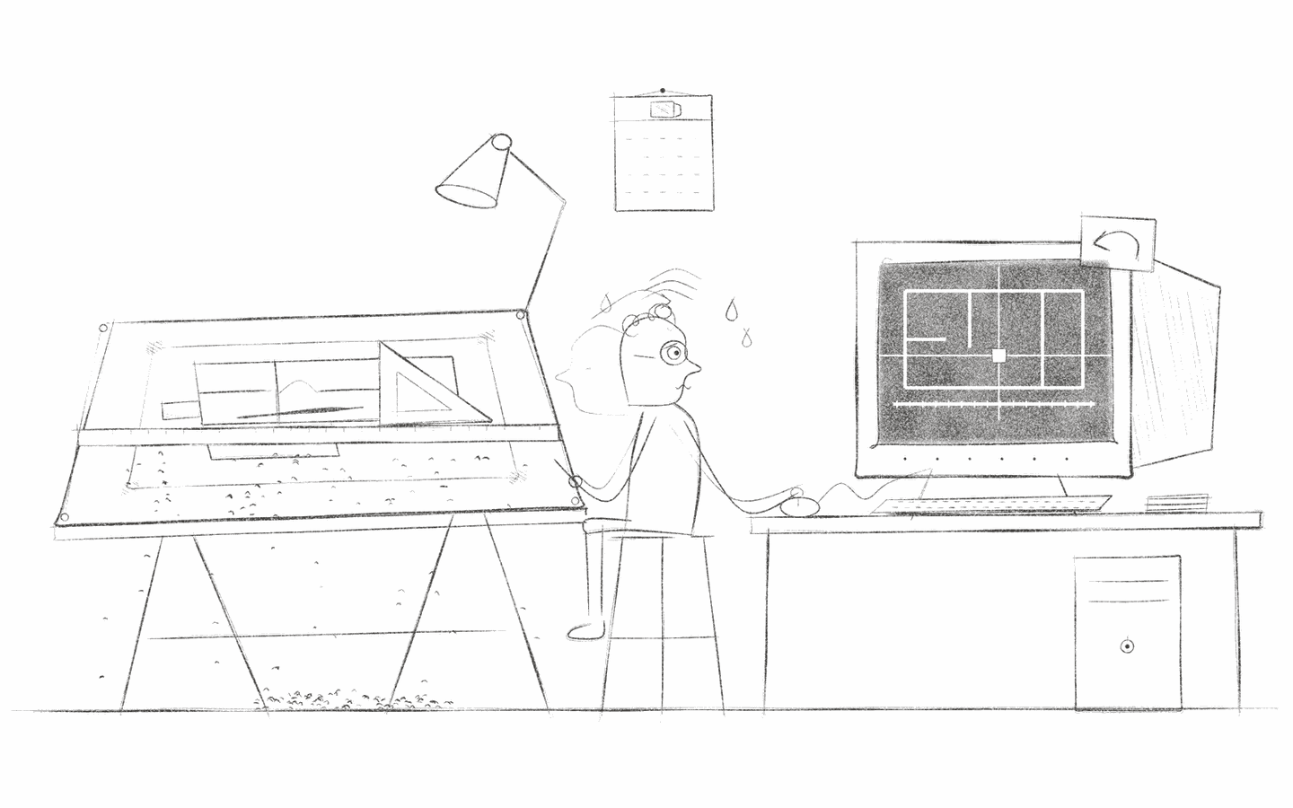 An architect turns from a drawing board strewn with eraser crumbs to a computer showing a floor plan, an undo arrow pinned to the screen.