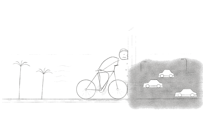 A cyclist rides happily past palms and the sea, straight into an invisible wall, while fast traffic streams by on the other side.