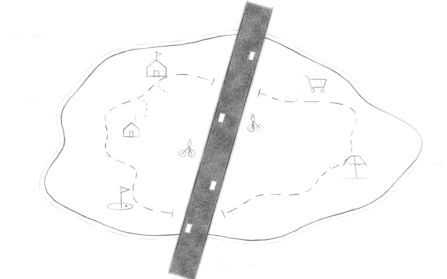 An island seen from above, cut in two by a dark highway: school, home, golf, shop and beach linked by dashed cycle paths that stop dead at the road, a cyclist waiting on each side.