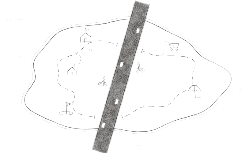 An island seen from above, cut in two by a dark highway: school, home, golf, shop and beach linked by dashed cycle paths that stop dead at the road, a cyclist waiting on each side.