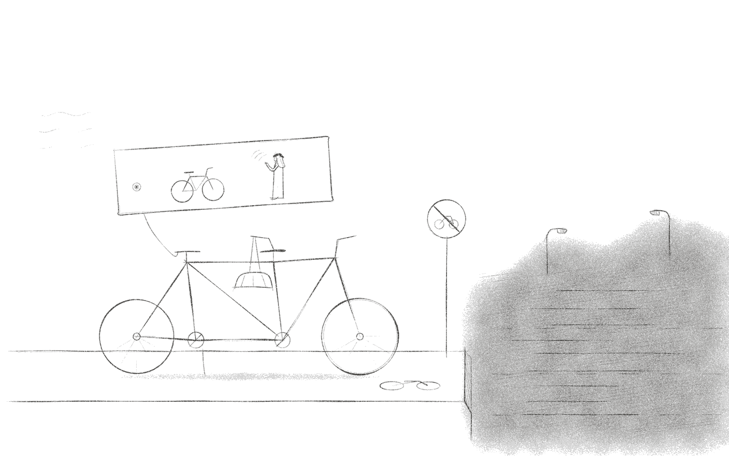 A tandem bicycle parked by a no-cycling sign at the edge of the highway, its empty back seat offered to a planner pictured on a board above it.