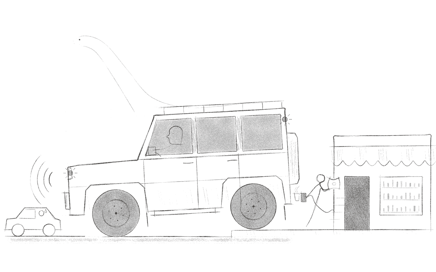 Sketch of an SUV outside a corner shop, horn sounding, a boy running out with the order
