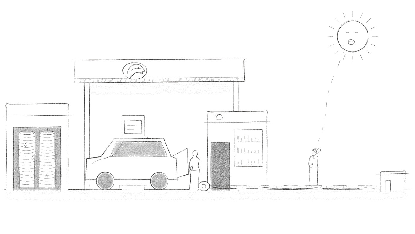 Sketch of a car at an Emarat petrol station, door to door