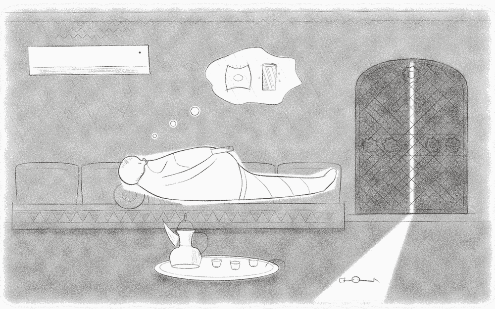 Sketch of a man on a sofa in a dark room, coffee within reach, the corner shop 100 metres away