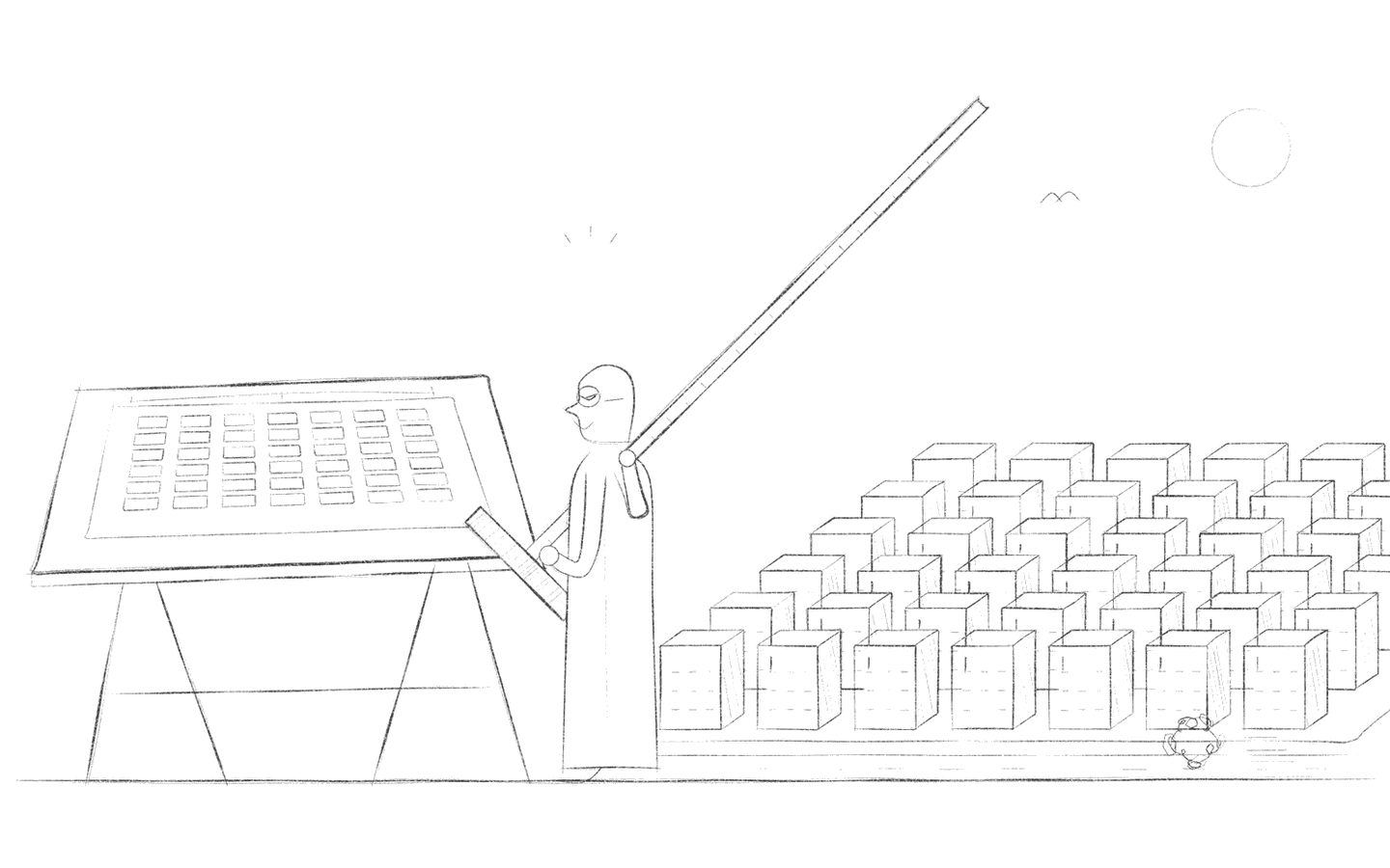 The planner admires his perfect grid on the drawing board while, behind his back, the city he built stands perfectly ordered and perfectly empty, save for a tumbleweed.