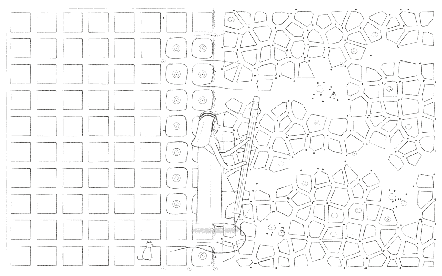 One person stands on the seam with a giant pencil, stitching the ruled grid to the organic lanes until both become a single living neighbourhood.