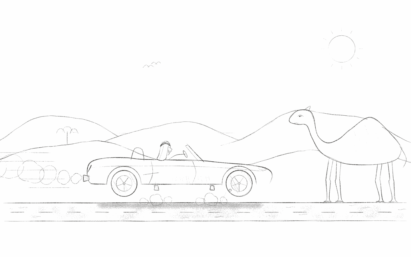A sports roadster floats a hand's width above the desert road on puffs of cold gas, while a camel watches with mild disinterest.