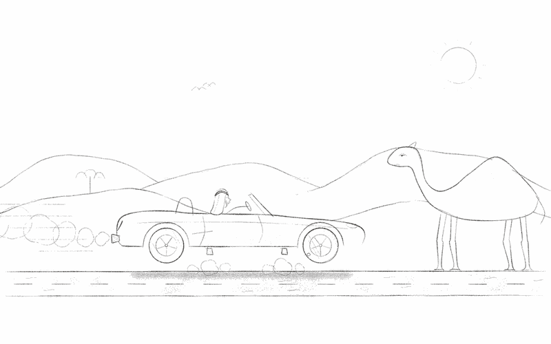 A sports roadster floats a hand's width above the desert road on puffs of cold gas, while a camel watches with mild disinterest.