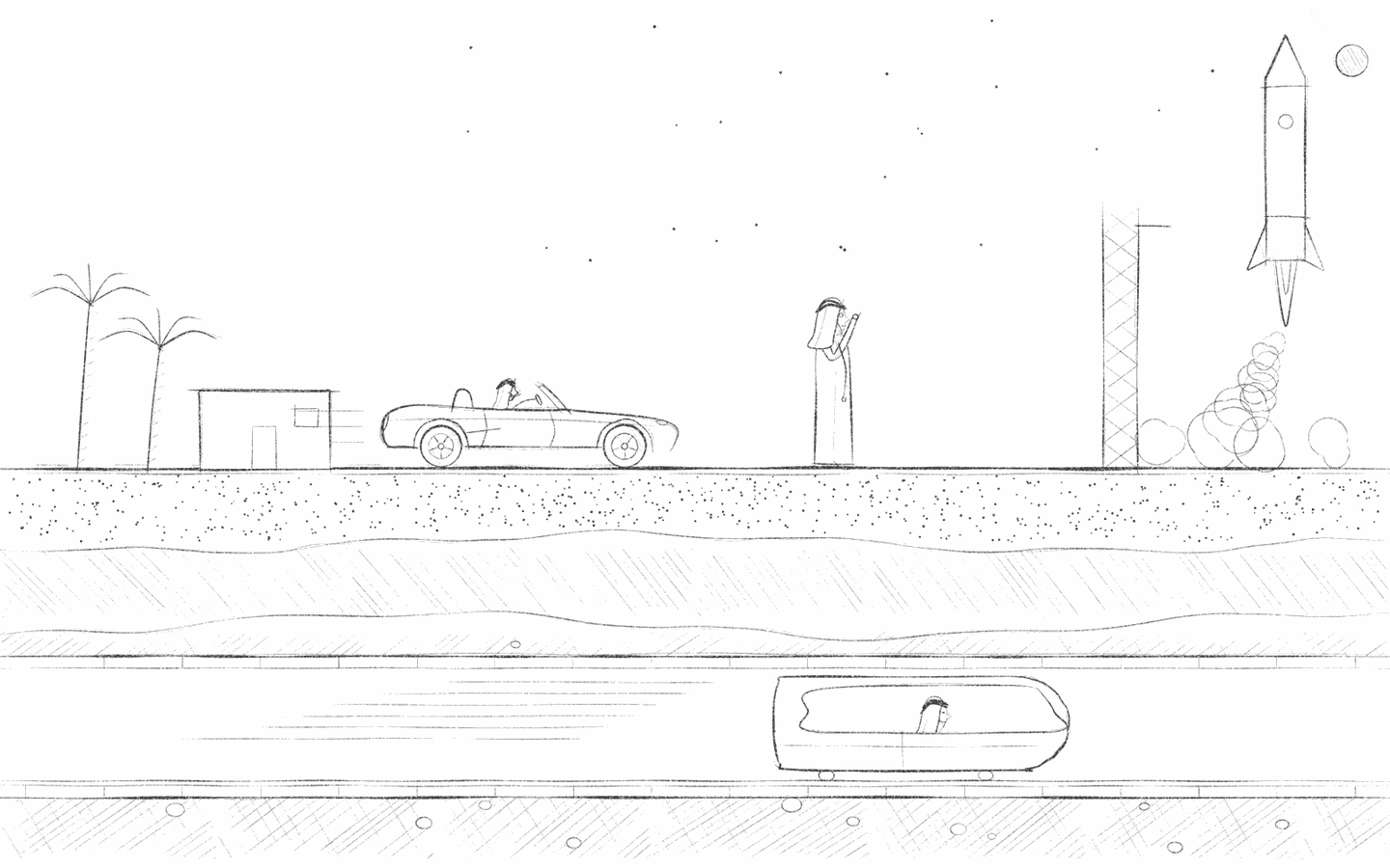 Three layers of mobility in one section: a rocket climbing toward a distant planet, a roadster on the road, and a pod speeding through a tunnel beneath everyone's feet.