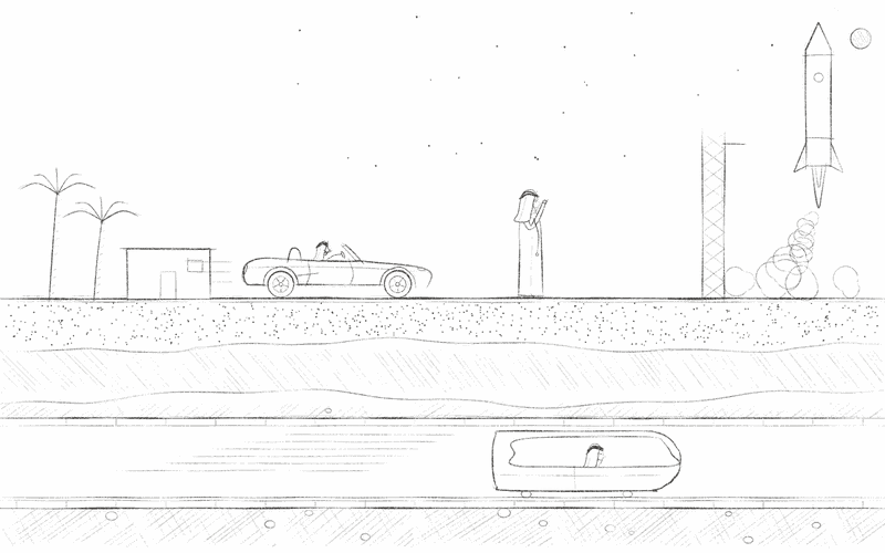 Three layers of mobility in one section: a rocket climbing toward a distant planet, a roadster on the road, and a pod speeding through a tunnel beneath everyone's feet.