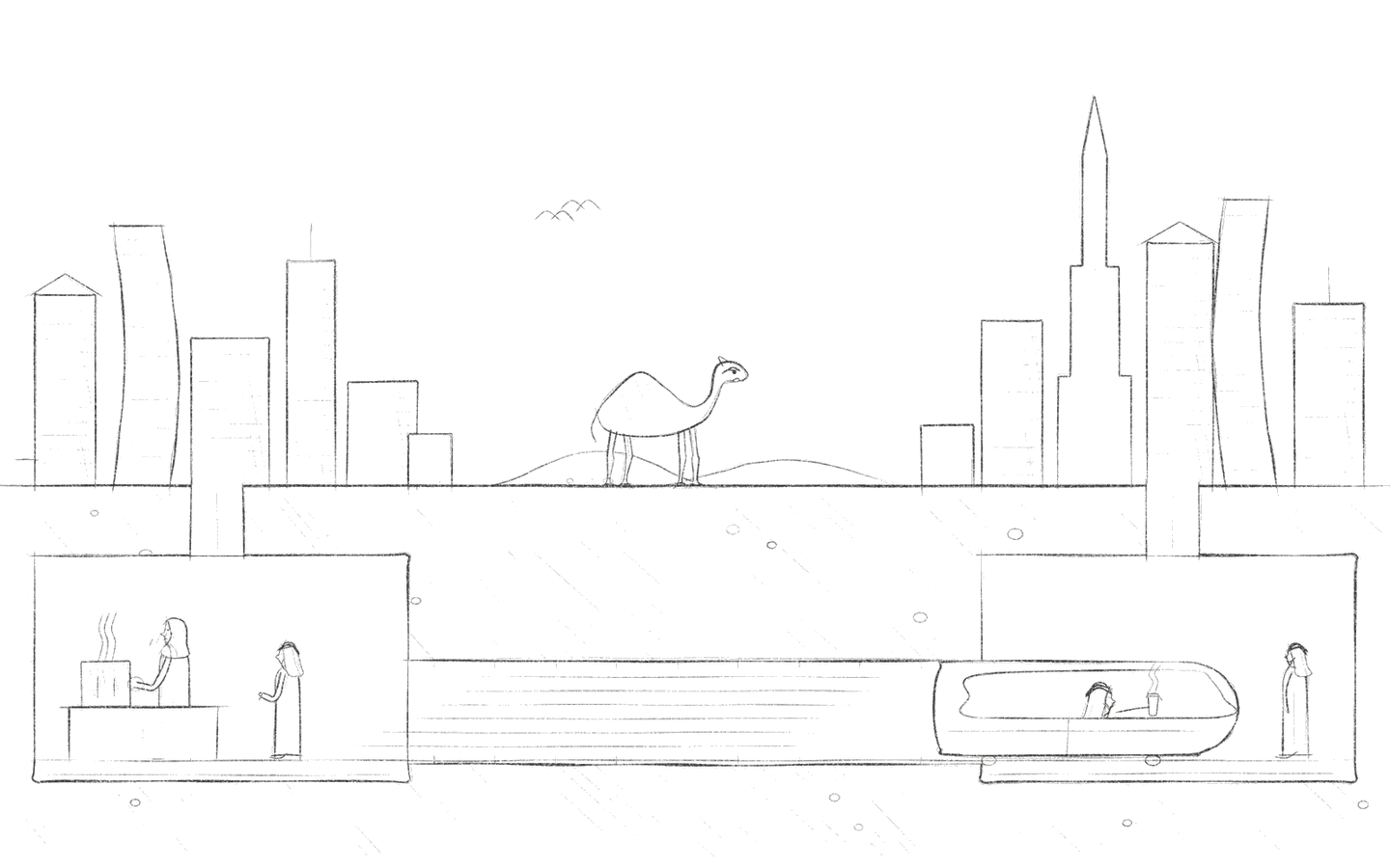 A pod reaches the next city's station through the tunnel while the camel above has barely moved, the barista back at the start is still frothing, and the passenger's coffee is still steaming.