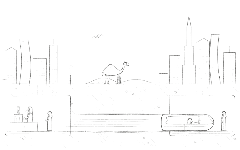 A pod reaches the next city's station through the tunnel while the camel above has barely moved, the barista back at the start is still frothing, and the passenger's coffee is still steaming.
