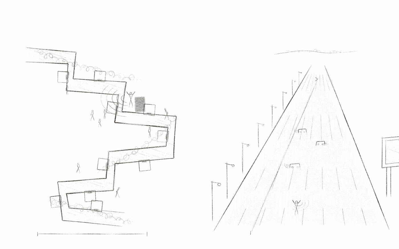Pen sketch: a short zigzag sikka with a dead end and sound reaching neighbours, beside an endless straight boulevard.