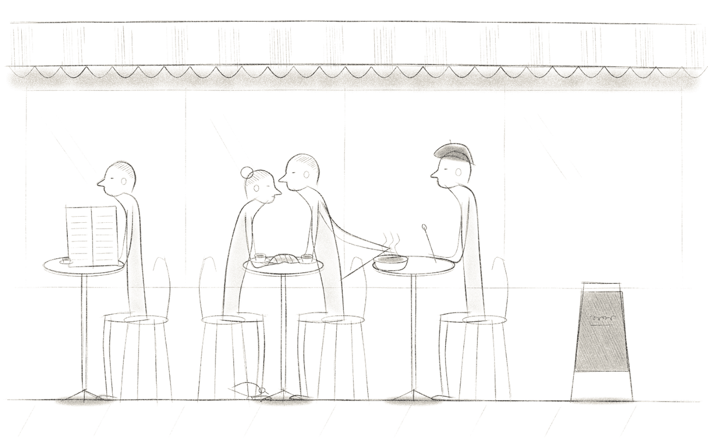 Pencil sketch: a couple leaning in over two coffees and a croissant at a tiny Paris table, his elbow over the neighbour's soup.