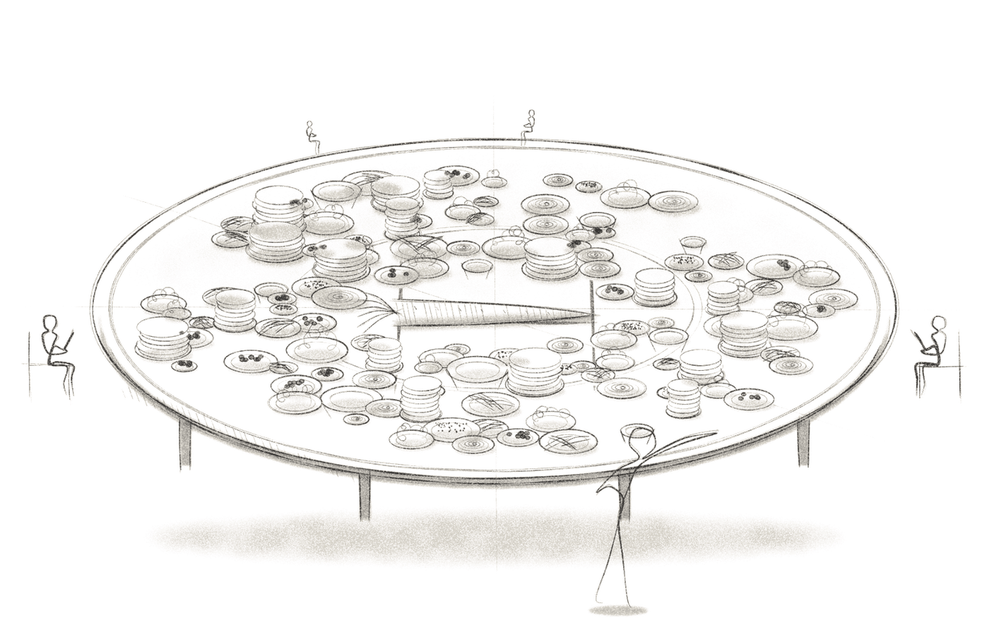 Pencil sketch: a helipad-sized table under dozens of mezze plates and one raw carrot, tiny diners texting each other across it.