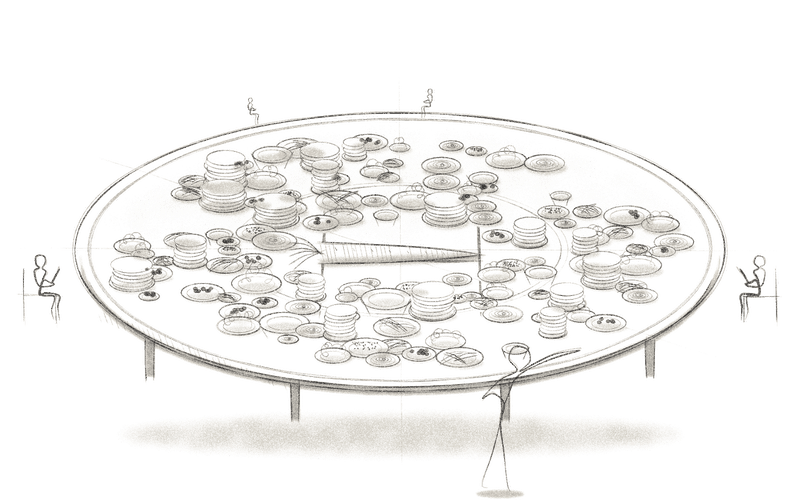 Pencil sketch: a helipad-sized table under dozens of mezze plates and one raw carrot, tiny diners texting each other across it.