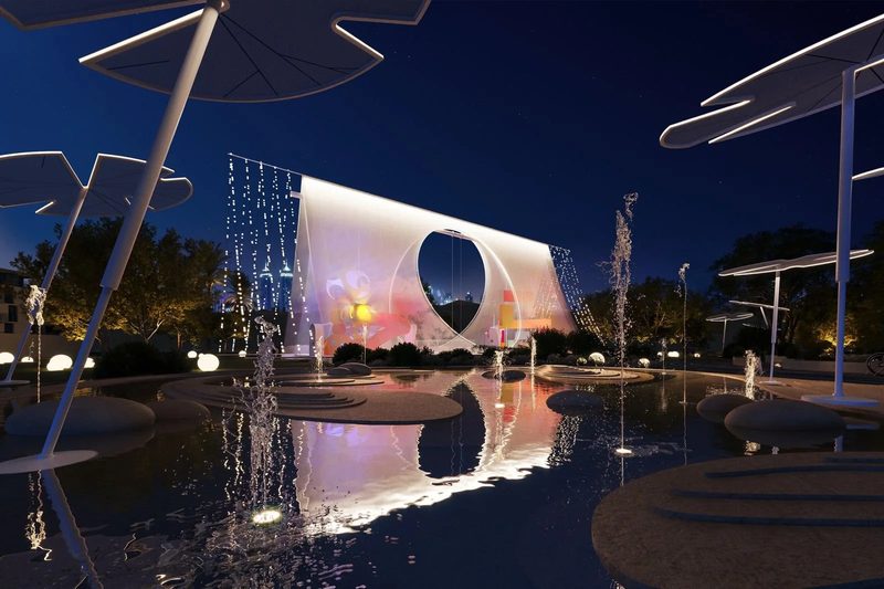 Al Wasl Nursery · UAE — the tent lit at night, reflected in the water