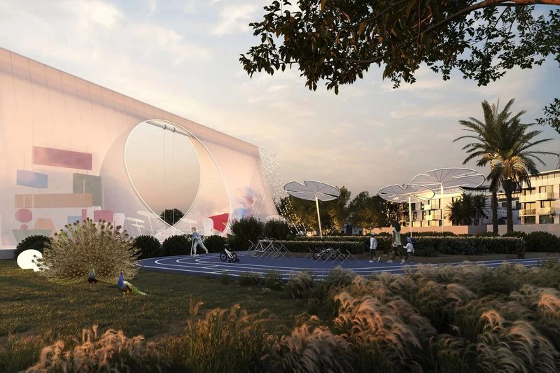 Al Wasl Nursery · UAE — the tent at sunset, seen across a garden path