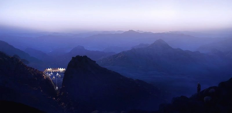 The Floating Retreat · Sharjah mountains — lit rooms along the ridge in the blue hour