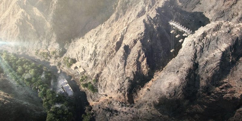 The Floating Retreat · Sharjah mountains — the rooms set into the rocky gorge, morning light