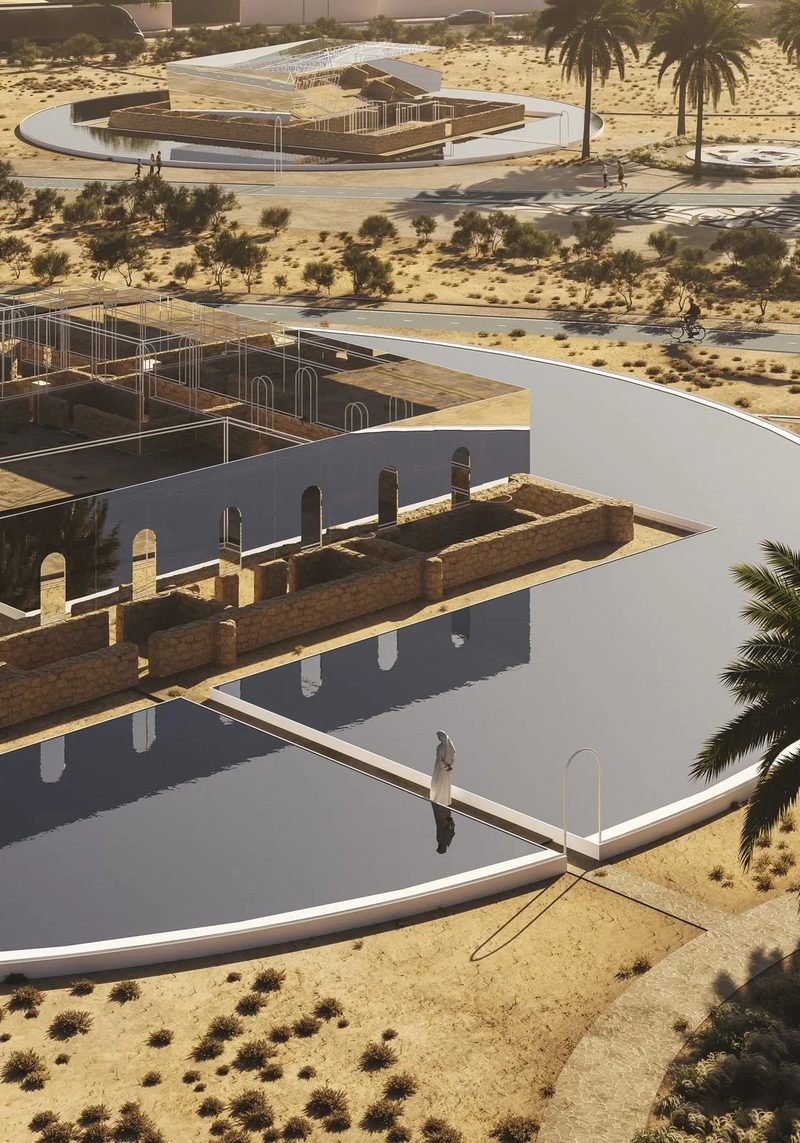 Jumeirah Archaeological Square · Jumeirah — a ruin ringed by water and a footbridge, aerial