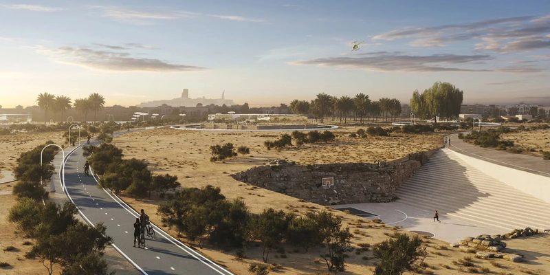Jumeirah Archaeological Square · Jumeirah — the sunken courtyard and cycling path in evening light